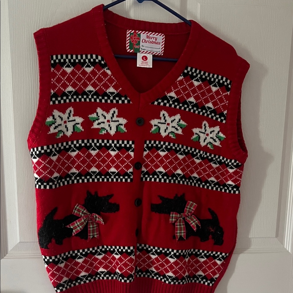 Red Christmas Vest with Scottie Dog Design great for ugly sweater party Sz lg.